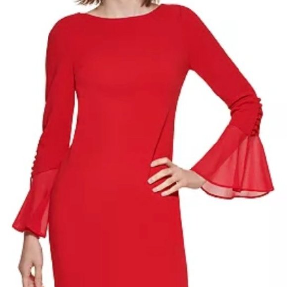 NEW Calvin Klein Women's Red Bell Sleeve Sheath Dress-Size 2 - Picture 1 of 12